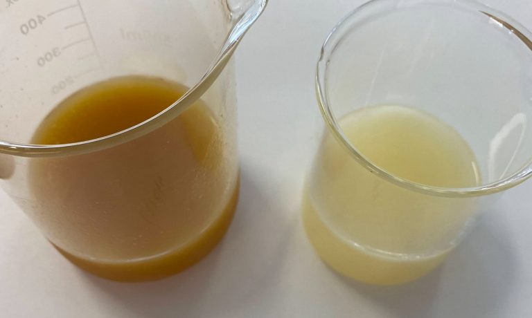 This photo shows how the lemon juice concentrate is, and how it changes when it is diluted only with watter. The photo is a lemon juice concentrate 400 gpl from baor products