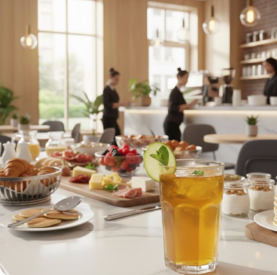 Apple fruit drink served in a modern coffee shop breakfast setting, ideal for café beverage menus.