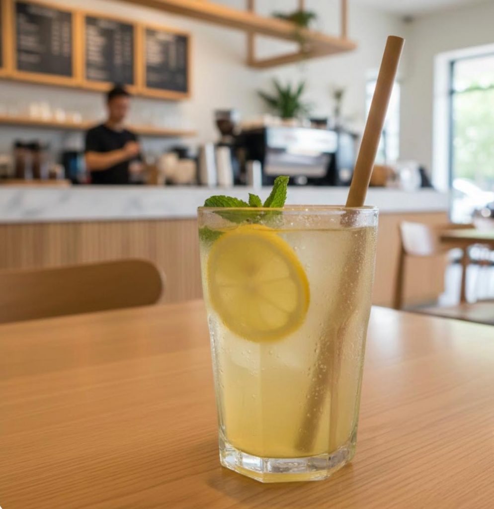 Lemonade drink served in a coffee shop, made with lemon juice concentrate for café beverage applications.