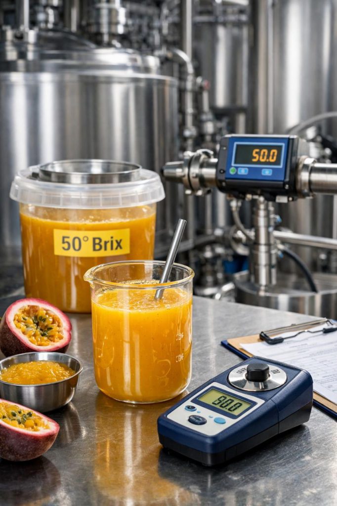 Industrial setup showing 50°Brix passion fruit concentrate with refractometer measurement in beverage production facility.