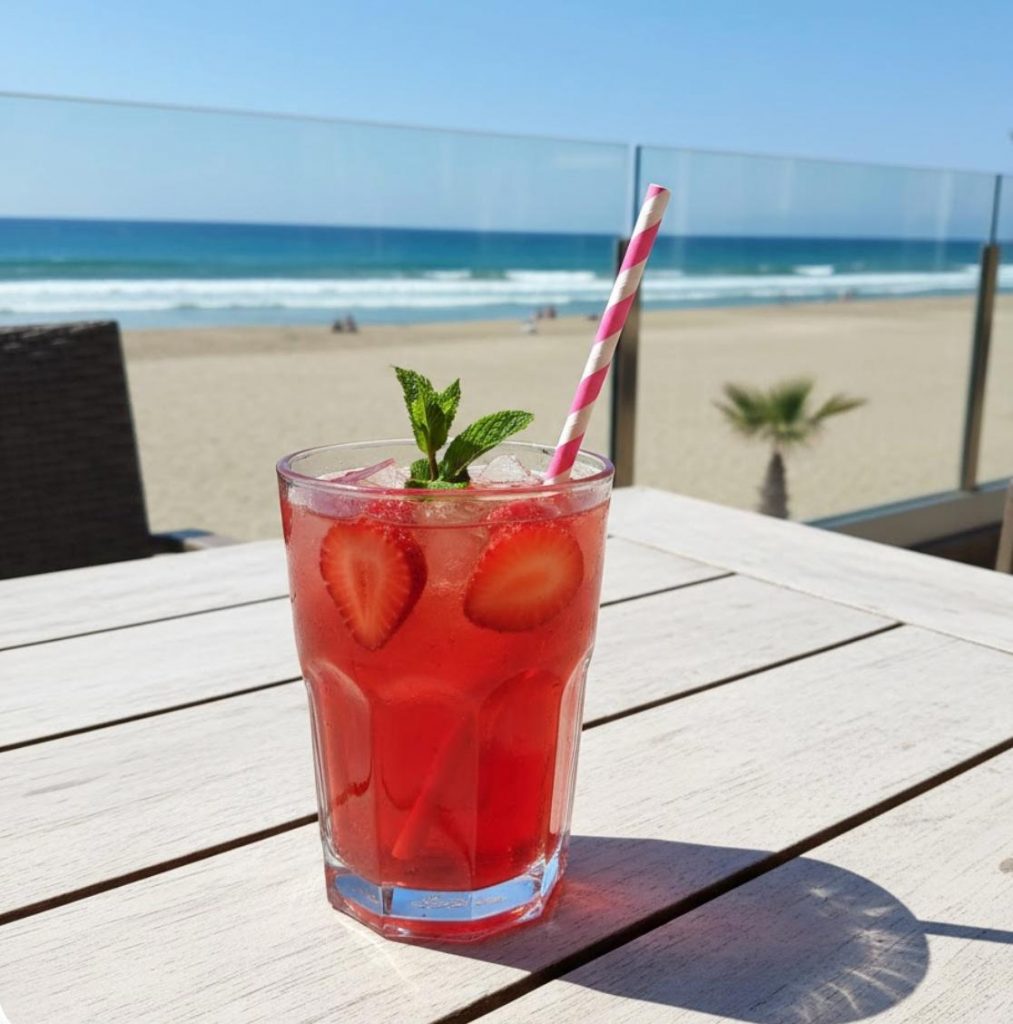 Fresh strawberry iced drink with mint served at a seaside coffee shop, ideal for café beverage menus.