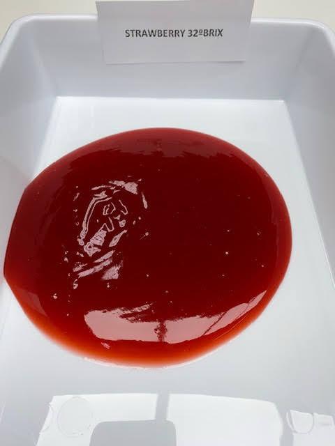 Strawberry Purée Concentrate 32° Brix – industrial fruit ingredient with homogeneous red texture and medium viscosity