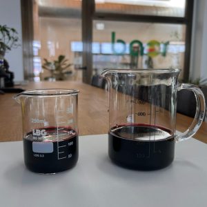 Blackberry concentrate in laboratory beakers showing natural dark color and anthocyanin content