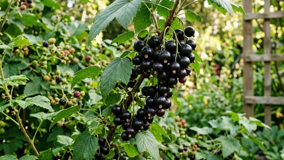 Blackcurrant berries on plant rich in anthocyanins used for concentrate production