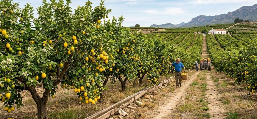 Lemon orchard harvest in Murcia Spain – Mediterranean lemon supply for bulk lemon juice and lemon concentrate industry