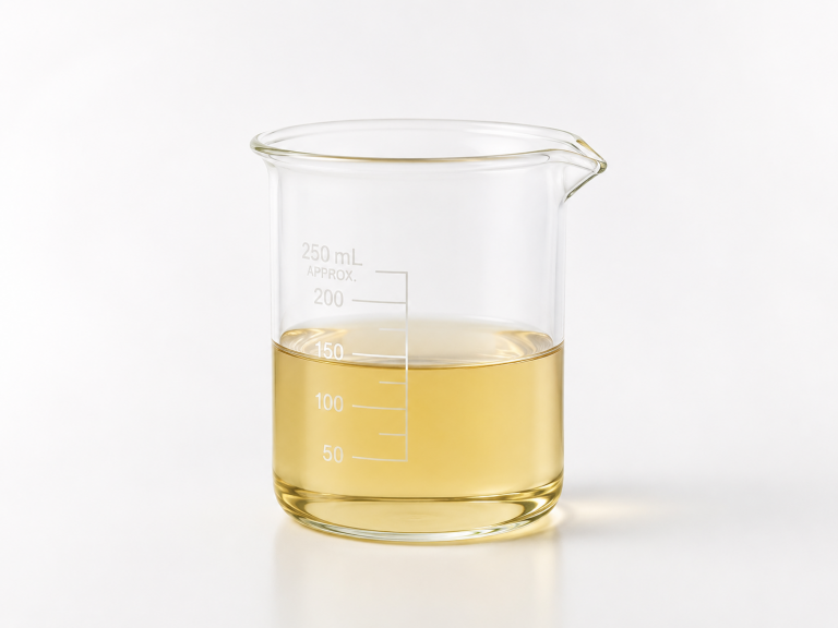 50 Brix coconut water concentrate in laboratory beaker for industrial beverage and food manufacturing