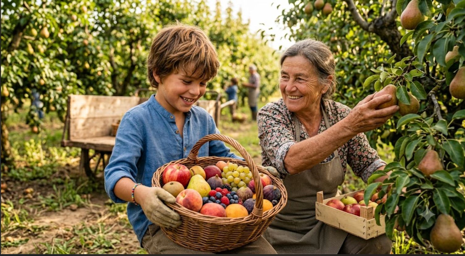 Farmers harvesting fresh fruit in an orchard, representing global fruit production affected by El Niño and climate change