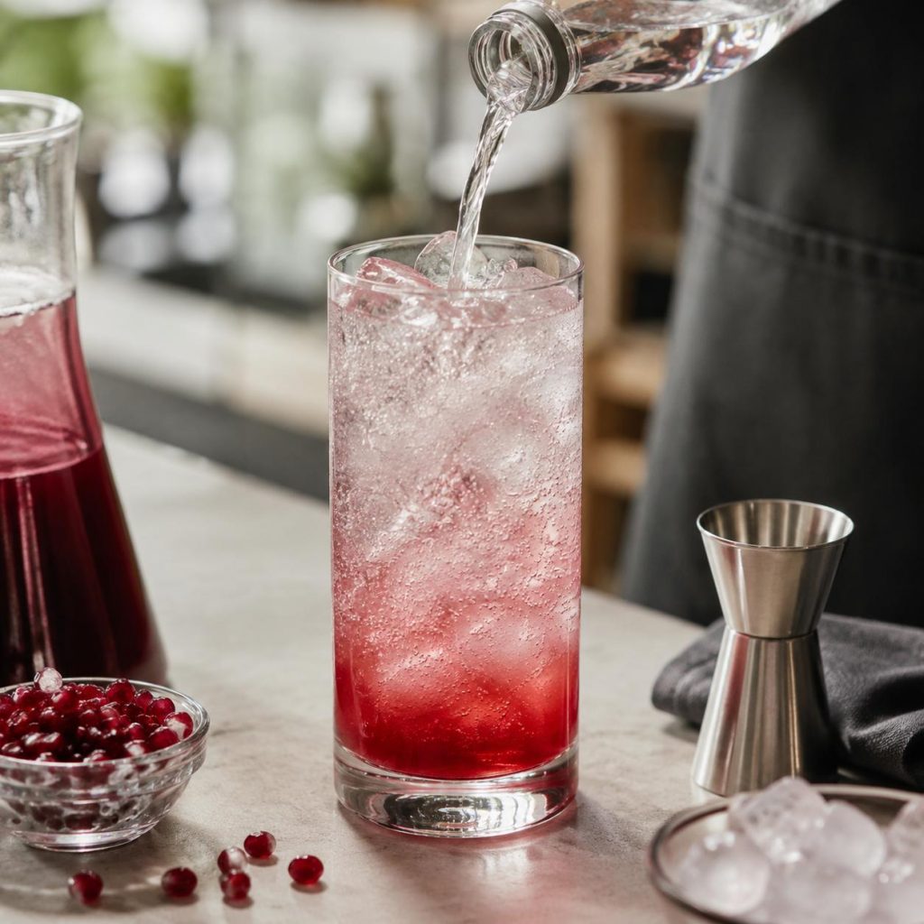 Pomegranate soda concentrate diluted with water for coffee shops and foodservice